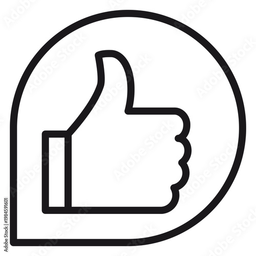 Minimalist black line art vector icon of a thumbs up gesture inside a speech bubble or location pin shape, representing approval, like, positive feedback, and success for web and app design.