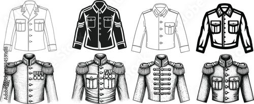 Military and Military-style Jacket Icon Set Featuring Various Designs, Colors, and Uniform Styles for Fashion, Apparel, and Uniform Designs