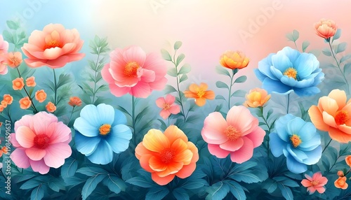 Vibrant colorful flowers in a lush garden setting with green leaves