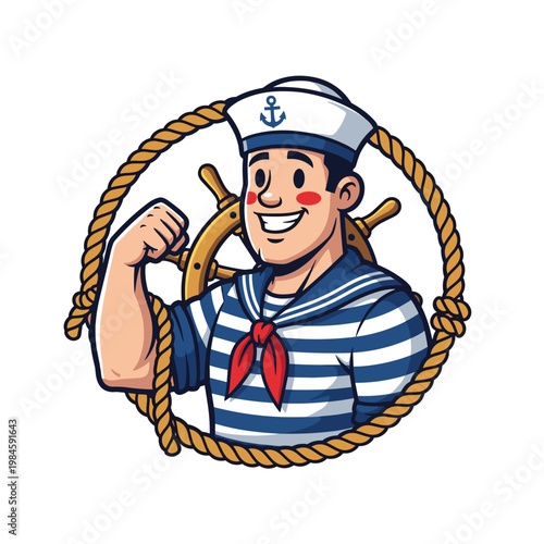 Smiling cartoon sailor character flexing bicep with ship wheel and rope frame