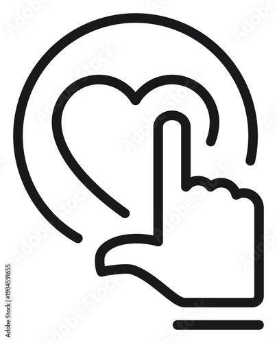 Minimalist black line vector icon illustration of a human hand clicking a heart symbol inside a circle, perfect for social media like, favorite, love, rating, feedback, and charity concepts.