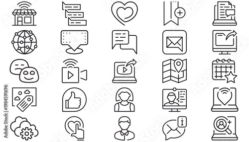 25 Black Vector Icon Set Collection Featuring Minimalist Symbols for Communication, Business, Technology, Social Media, Navigation, Education, and Lifestyle Graphics in a Clean Line Art Style