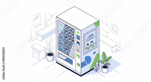Isometric Illustration of a PPE Vending Machine with Face Masks and Hand Sanitizer