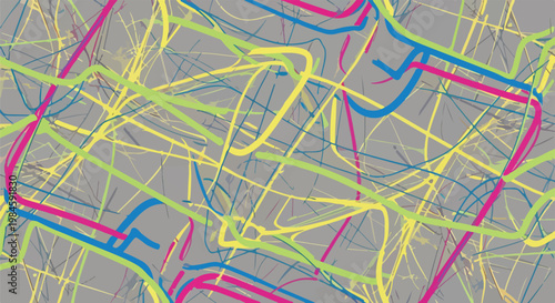 Abstract neon scribble background with colorful lines on gray backdrop