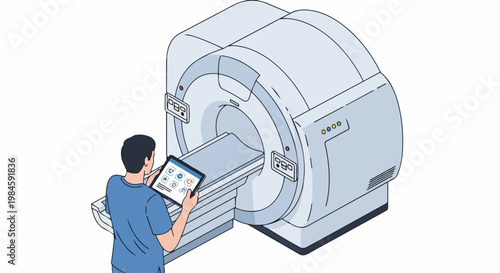 Male Medical Technician Operating MRI or CT Scan Machine with Digital Tablet, Isometric Healthcare and Radiology Illustration