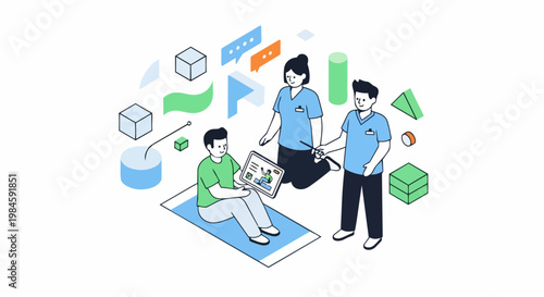 Modern Isometric Illustration of Digital Physical Therapy and Patient Rehabilitation with Healthcare Professionals using Tablet for Virtual Training