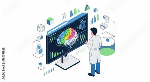 Isometric Illustration of Scientist Analyzing Human Brain Data on Large Screen for Medical Research and AI Diagnostics
