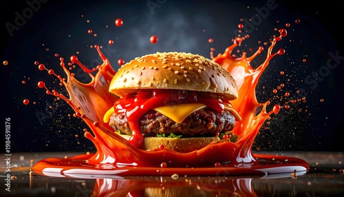 Juicy burger with splashing tomato sauce.