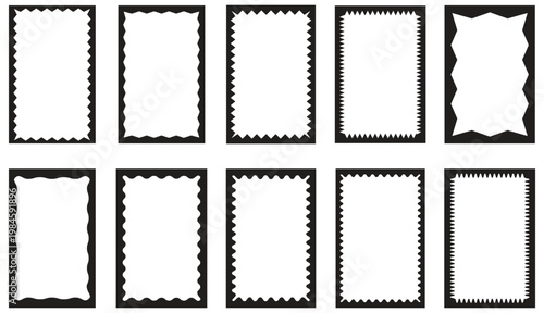 Black outline wavy zigzag rectangle frames set on transparent background.  Rectangle shape frame with zigzag edge. Post stamp frame and border. 