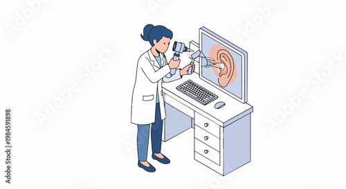 ENT Doctor Examining Human Ear with Otoscope and Digital Monitor Isometric Vector Illustration