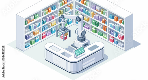 Robotic Automated Pharmacy System with Artificial Intelligence Arm Sorting Medicine in Smart Medical Warehouse - Isometric Illustration