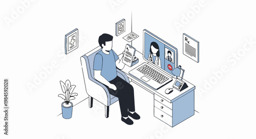 Telemedicine and Online Healthcare Consultation Isometric Illustration: Patient Talking to Doctor via Video Call for Prescription