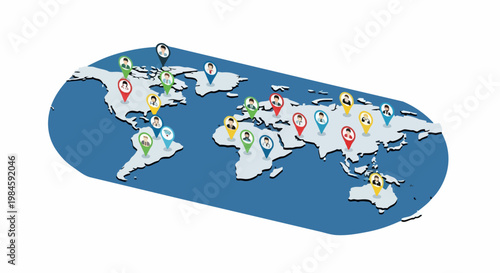 Isometric World Map with People Location Pins for Global Networking and Remote Team Management Concept