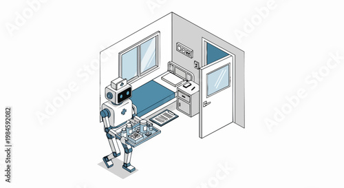Isometric Medical Robot Nurse Delivering Medication in a Hospital Room; Futuristic Healthcare Automation and AI in Medicine Concept