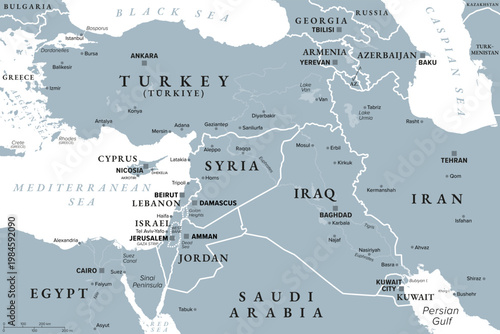 Eastern Mediterranean, Turkey and countries of the Levant, gray political map. Heart of the Middle East encompassing Anatolia, and countries along the eastern Mediterranean coast. Illustration. Vector