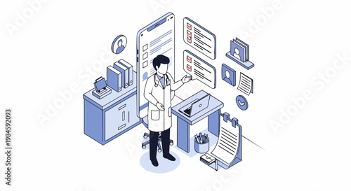 Isometric Telemedicine Illustration with Doctor and Smartphone App for Online Medical Consultation and Healthcare Technology