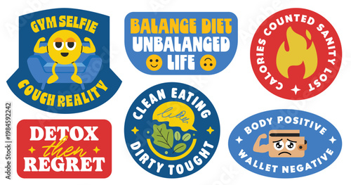 Set of health and wellness sarcasm stickers collection