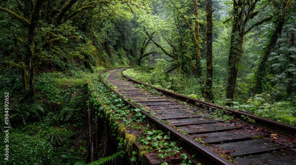 Obraz premium Abandoned railway remnants disappearing into green wilderness under soft light