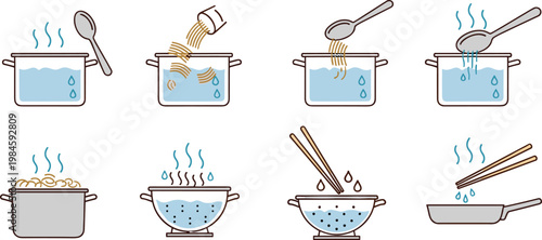 Cooking Noodles Process Collection with Boiling Pasta Draining Water and Serving Steps Kitchen Food Preparation Vector Illustration Set