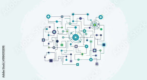 digital network circuit diagram with interconnected nodes and blue circuitry