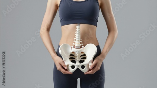 Fit woman in athletic wear holding a pelvic bone model, demonstrating female anatomy and core strength.