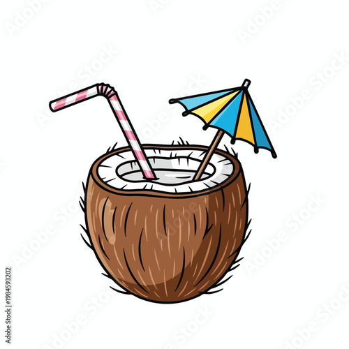 Tropical Coconut Drink with Straw and Umbrella for Refreshing Summer Beverage