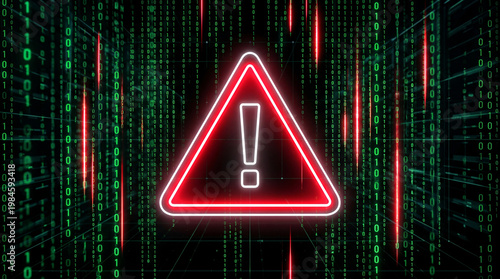 Warning Sign in Digital Matrix Background with Neon Lights
