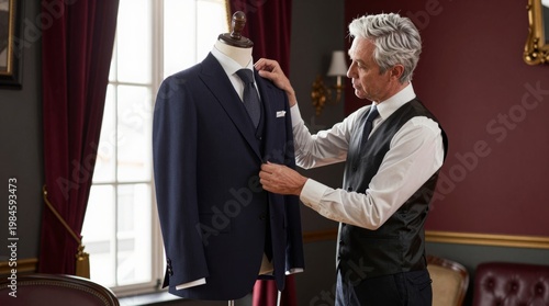Tailor Adjusting Suit on Mannequin in Elegant Tailoring Studio