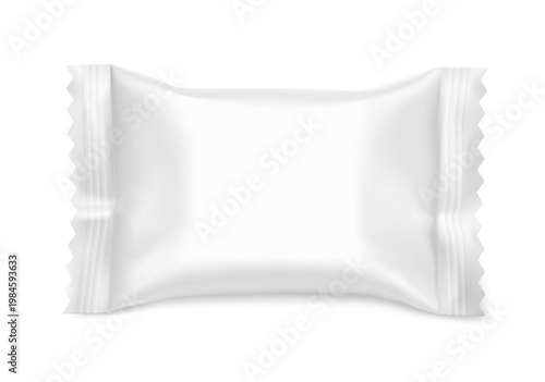 Realistic flow pack for candy mockup. Front view. Vector illustration isolated on white background. Easy to use for presentation your product, idea, design. EPS10.