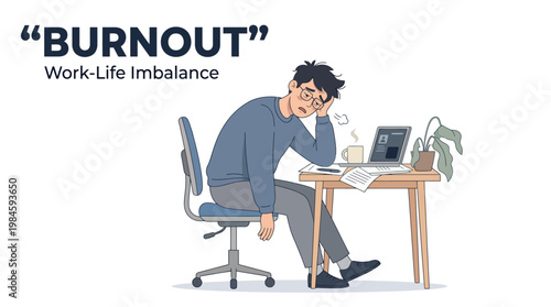 Illustration of a man experiencing work life imbalance and burnout at his desk.