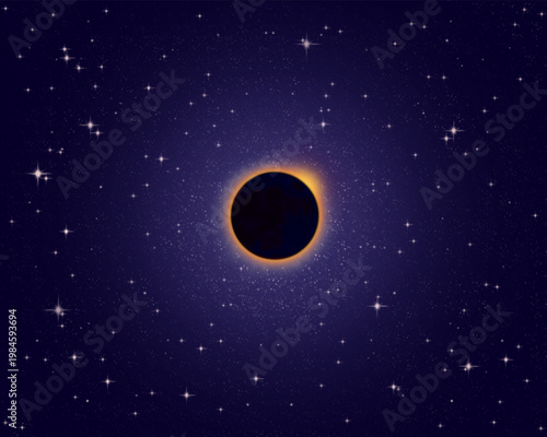 Vector illustration of a lunar eclipse. The moon, moonlight, and sunlight against a starry sky with bright stars, stardust, and nebula. A cosmic galaxy with light sources, stars, gas, and cosmic dust.