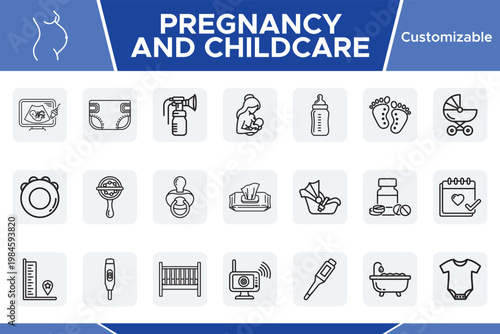 Pregnancy and Childcare Vector Icons, a customizable collection of 20 essential baby and maternity line art symbols, perfect for healthcare, parenting, and family-focused designs.