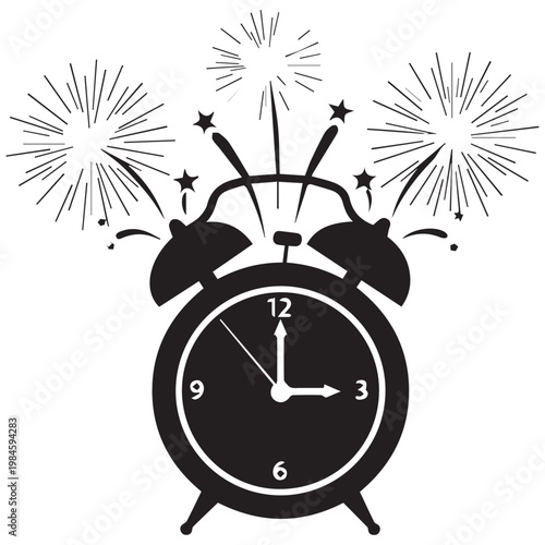 Midnight Fireworks Alarm Clock, New Year's Eve Vector Icon, Celebration Time, Black and White