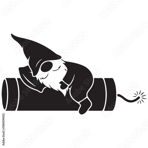 Black and white gnome, sleeping on bomb, cartoon, illustration, vector graphics