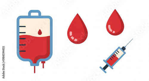 Blood donation medical equipment and drops illustration.