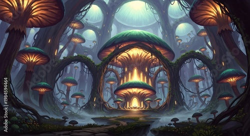 Enchanted forest with glowing mushrooms and mystical structures
