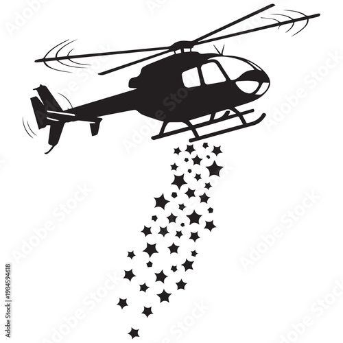 Black helicopter dropping stars, festive icon, celebration symbol, vector graphic