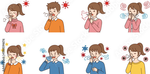 Allergy and Cold Symptoms Illustration Set with Sneezing Coughing Runny Nose Fever and Virus Icons Healthcare Medical Vector Collection
