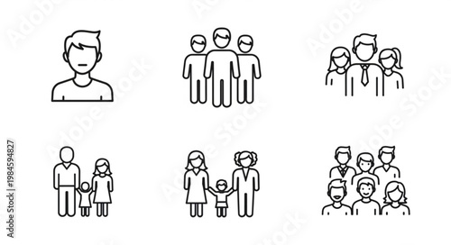 Collection of simple line art icons representing people and families.