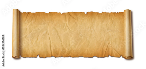 Old crumpled mediaeval Parchment paper scroll isolated on white