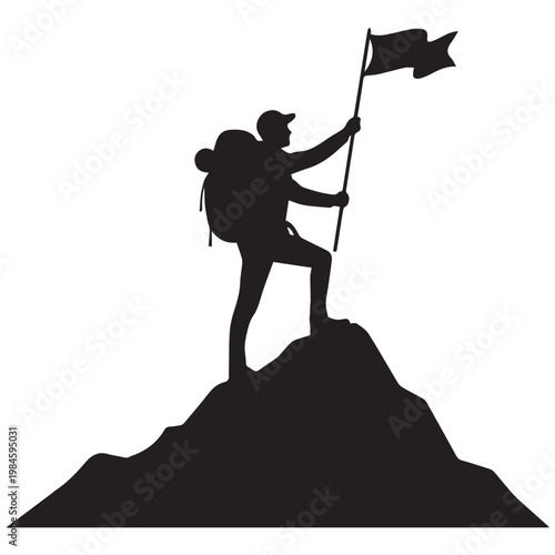 Hiker silhouette, victorious climber, mountain peak flag, adventure achievement icon