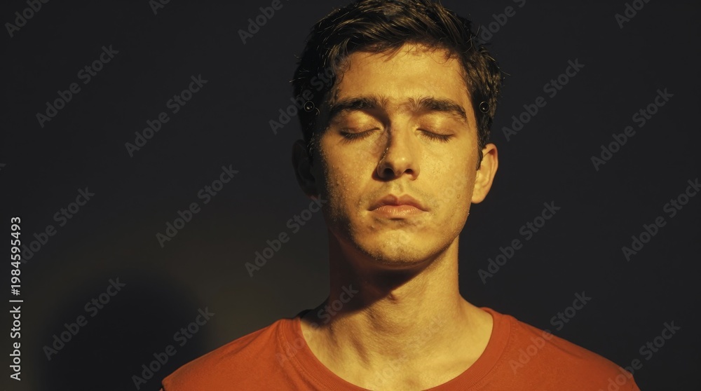 Obraz premium Portrait of a Young Man with Closed Eyes in Dramatic Lighting