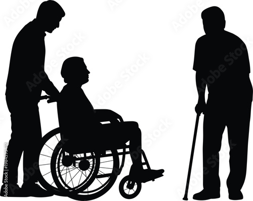Elderly care silhouettes, wheelchair assistance and senior walking with cane for healthcare illustration