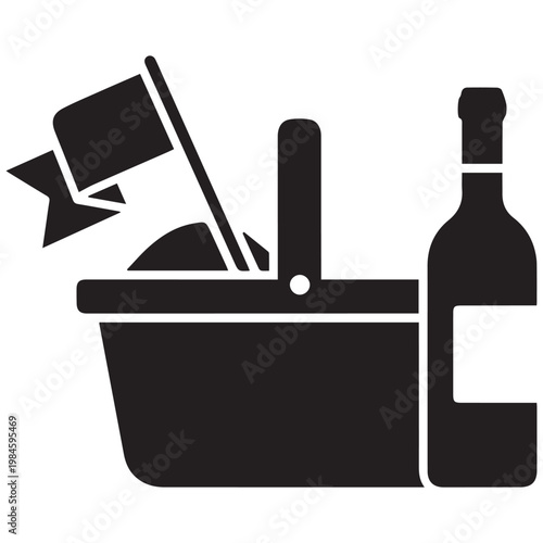 Black wine bottle, ice bucket, and flag icon, luxury drink, party symbol, vector illustration