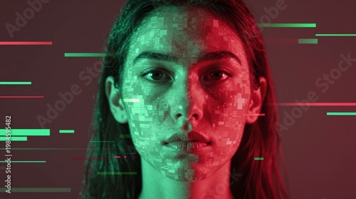 Abstract Portrait of Woman with Digital Glitch and Color Distortion