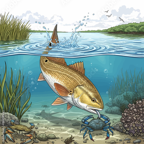 Redfish hunting blue crab in shallow water habitat vector illustration,