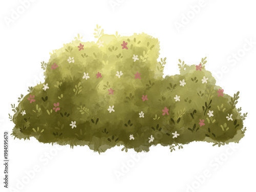 Lush green garden bush with tiny pink flowers, great for floral compositions and invitations