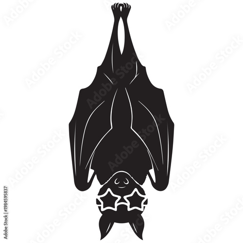 Black bat icon, hanging upside down, star ratings, simple silhouette