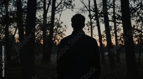 Silhouette of a Man Against Trees at Sunset in a Tranquil Landscape