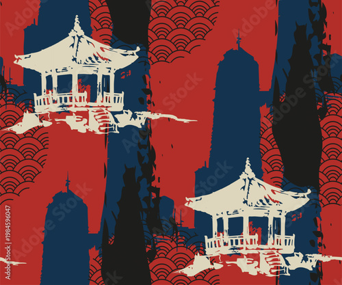 pagoda city building abstract seamless pattern design brush strokes japanese chinese vector ink traditional asian design isolated